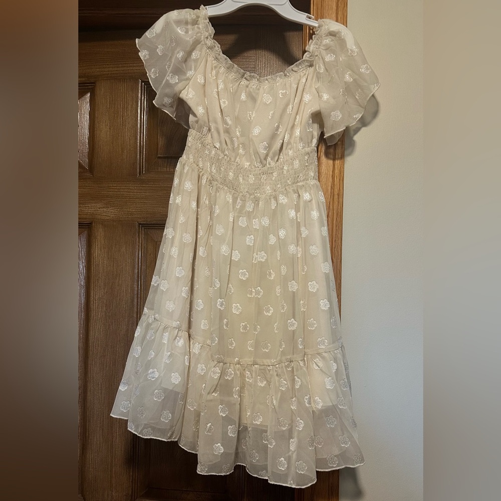 Cream Light Yellow Floral Dress with short sheer sleeves stretchy material